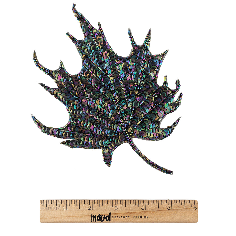 Vintage Black Iris Sequins and Bugle Beaded Large Leaf Applique - 7.375" x 5.875" Full Vintage Black Iris Sequins and Bugle Beaded Large Leaf Applique - 7.375" x 5.875" Full