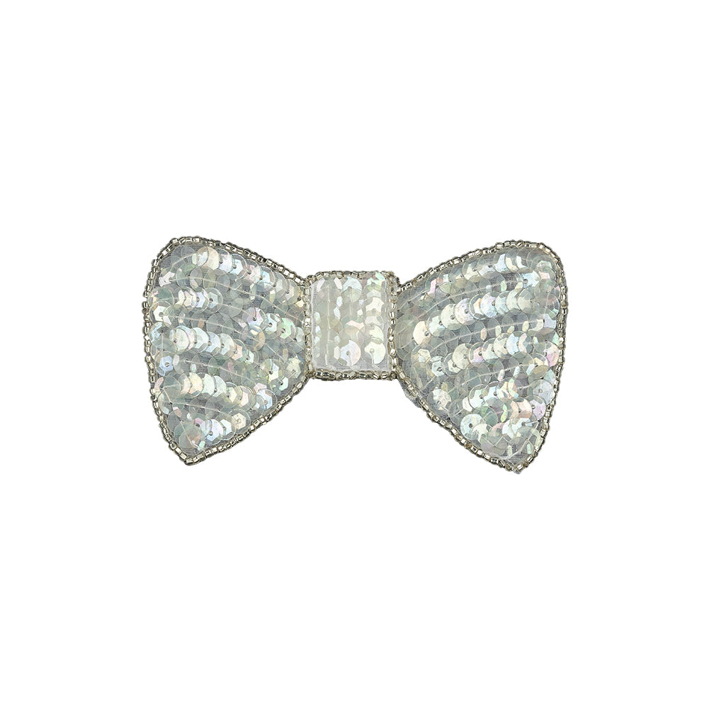 Vintage Iridescent White and Silver Lined Sequined and Beaded Bow Applique - 2.75" x 2.5" Vintage Iridescent White and Silver Lined Sequined and Beaded Bow Applique - 2.75" x 2.5"