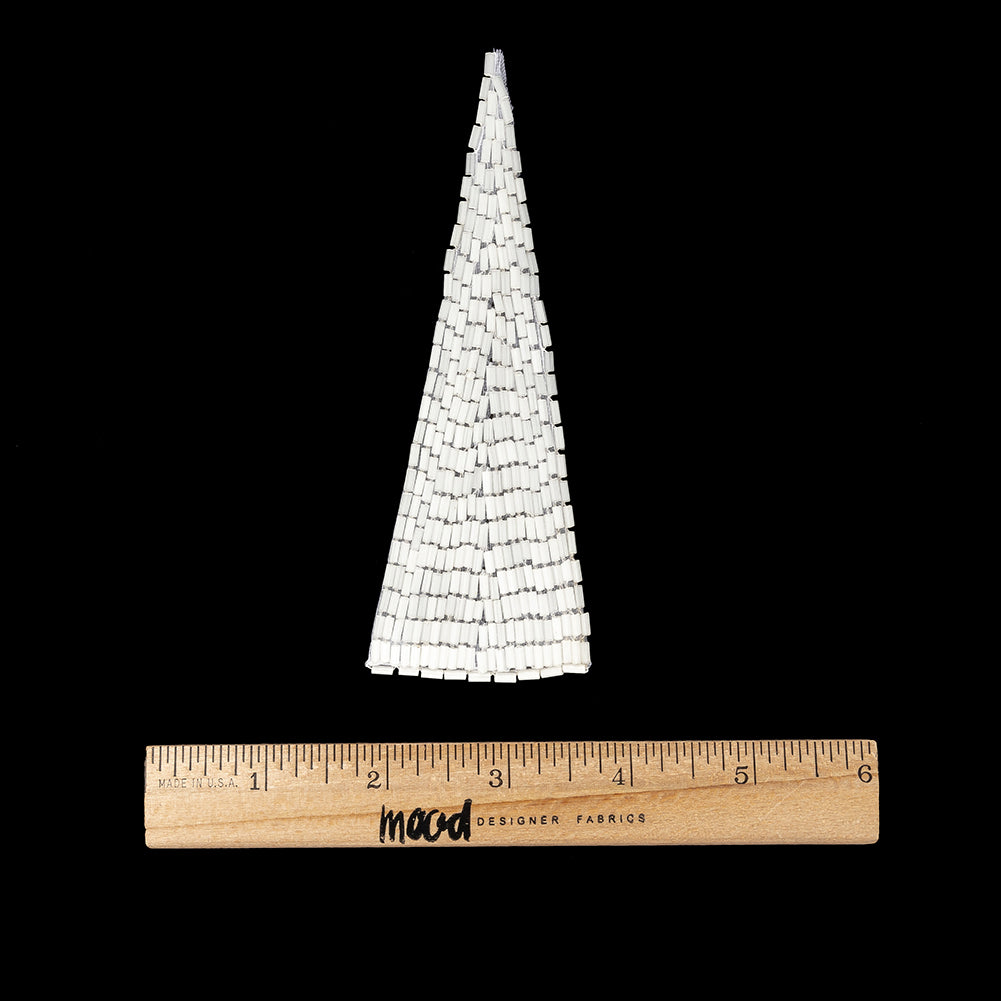 Vintage Satin White Bugle Beaded Triangle Applique - 5" x 1.875" Full Vintage Satin White Bugle Beaded Triangle Applique - 5" x 1.875" Full
