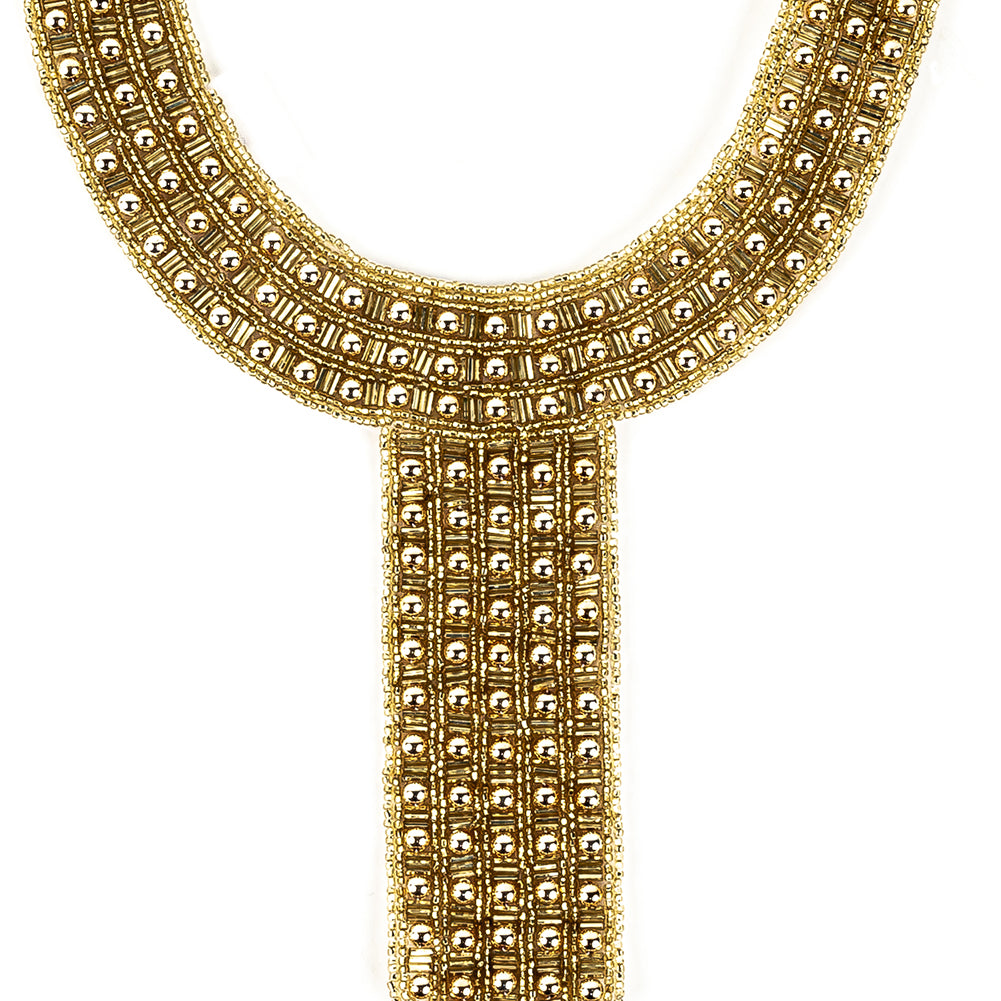 Vintage Fancy Gold Pearl and Gold-lined Beaded Neckline Applique - 13" X 7.25" Detail Vintage Fancy Gold Pearl and Gold-lined Beaded Neckline Applique - 13" X 7.25" Detail