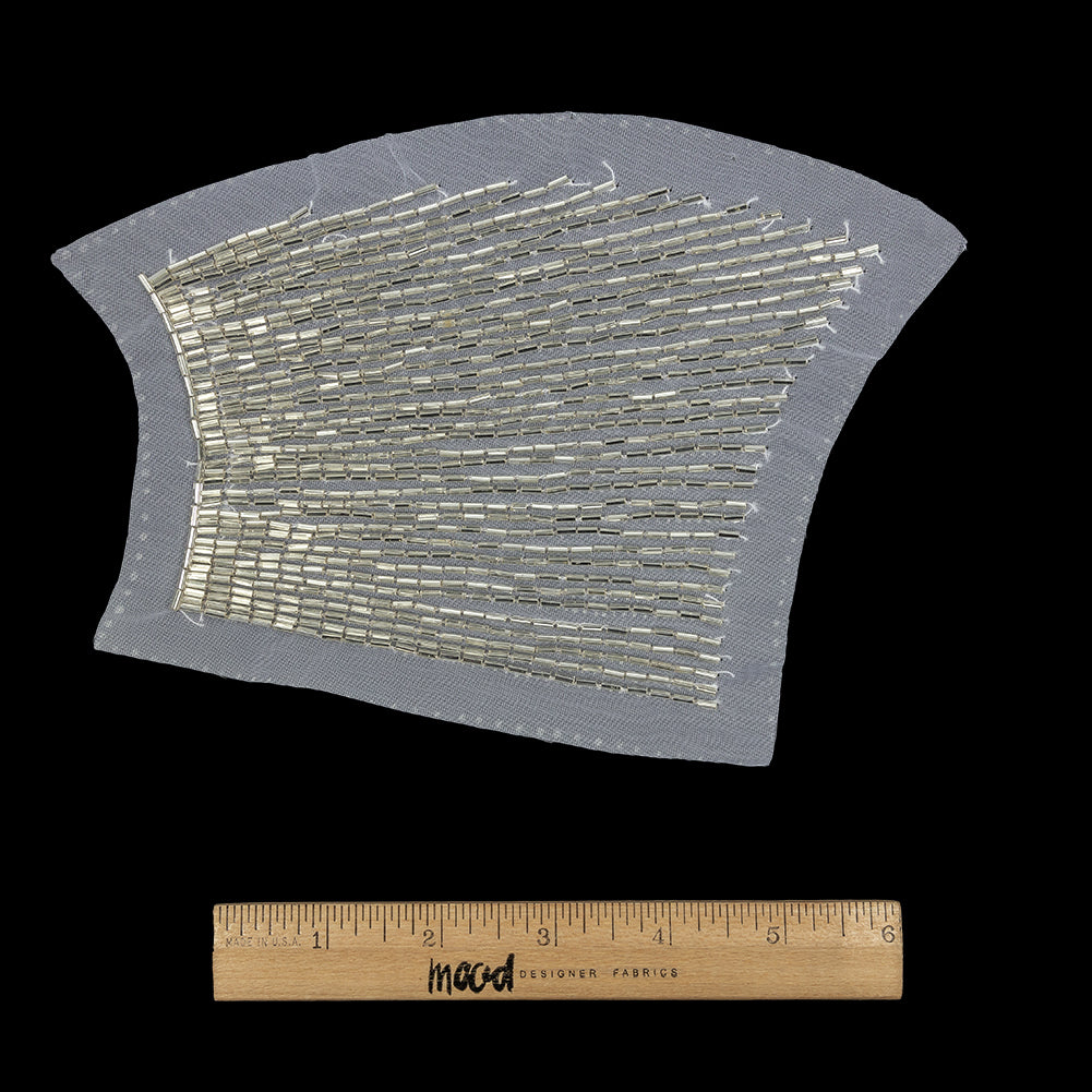 Vintage Silver Linear Left Glass Bugle Beaded Sheer Applique - 6.25" x 4.5" Full Vintage Silver Linear Left Glass Bugle Beaded Sheer Applique - 6.25" x 4.5" Full