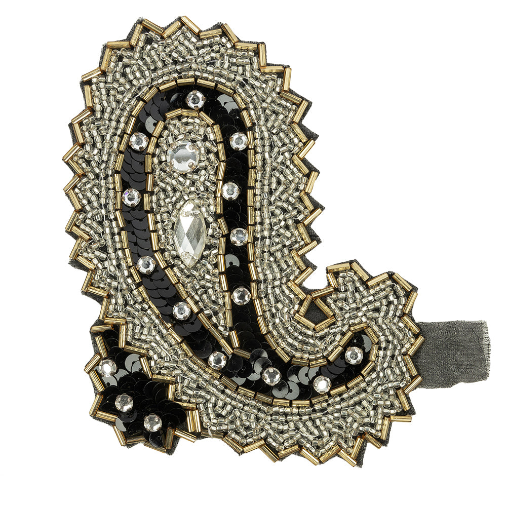 Vintage Black, Silver and Gold Left Paisley Beaded, Sequined and Rhinestone Applique - 5.25" x 3.75" Vintage Black, Silver and Gold Left Paisley Beaded, Sequined and Rhinestone Applique - 5.25" x 3.75"