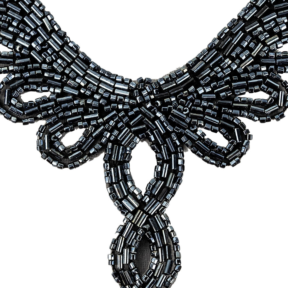 Vintage Gunmetal Bugle and Chop Beaded Abstract Applique - 4.25" x 5.5" Detail Vintage Gunmetal Bugle and Chop Beaded Abstract Applique - 4.25" x 5.5" Detail