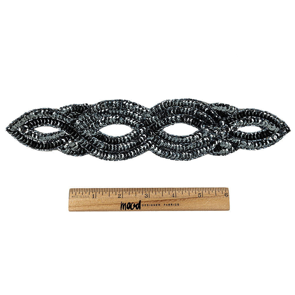 Vintage Gunmetal Sequins and Beaded Figure Eight Applique - 11" x 2.5" Full Vintage Gunmetal Sequins and Beaded Figure Eight Applique - 11" x 2.5" Full