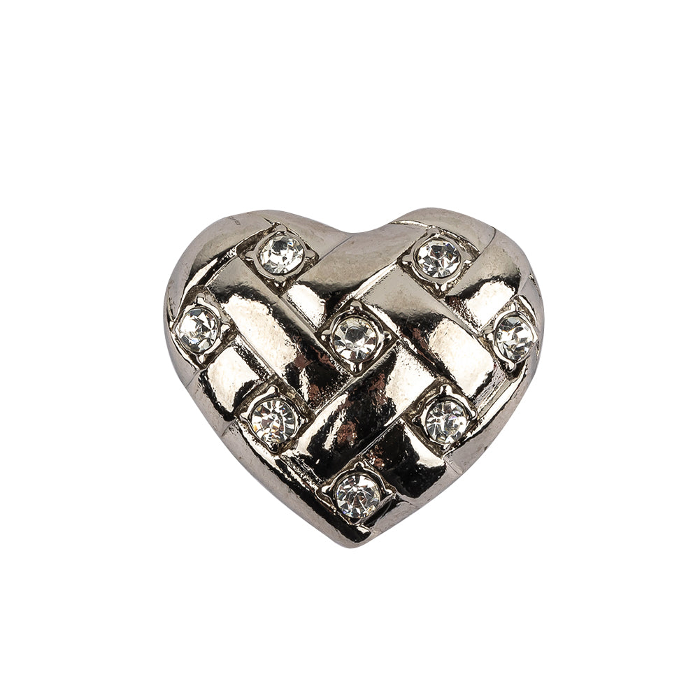 Vintage Swarovski Crystal Rhinestones and Silver Metal Faux Basket Weave Shank Back Heart-Shaped Button - 36L/23mm Vintage Swarovski Crystal Rhinestones and Silver Metal Faux Basket Weave Shank Back Heart-Shaped Button - 36L/23mm