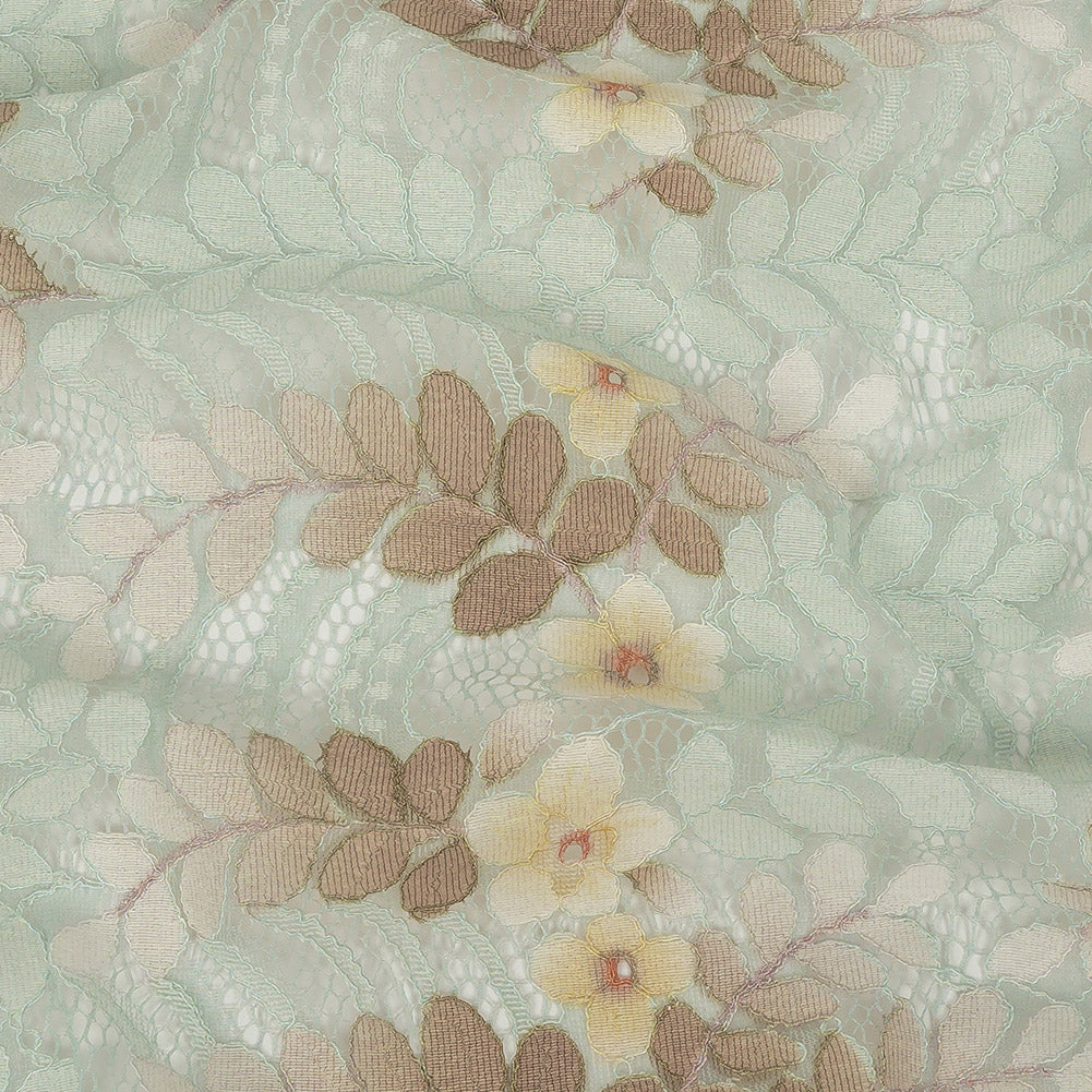 Corded Lace - Pale Aqua, Taupe and Mellow Yellow Dyed Floral Corded Lace - Pale Aqua, Taupe and Mellow Yellow Dyed Floral