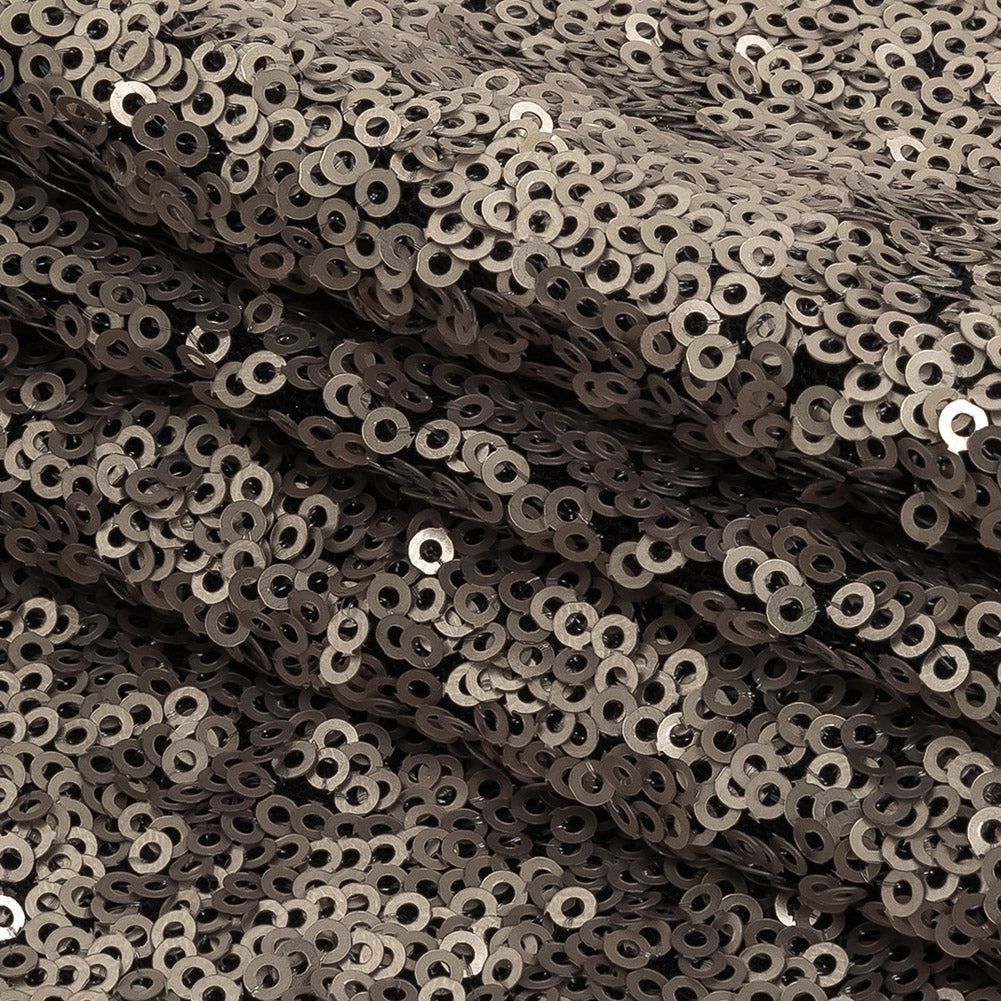 Dull-Polished Silver All-Over Baby Sequins on Black Mesh Folded Dull-Polished Silver All-Over Baby Sequins on Black Mesh Folded