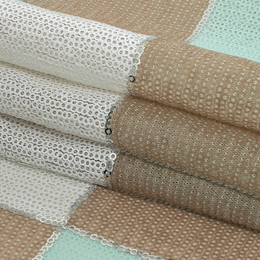 Italian Soothing Sea, Light Taupe and Lucent White Baby Sequin Squares on White Mesh Folded Italian Soothing Sea, Light Taupe and Lucent White Baby Sequin Squares on White Mesh Folded