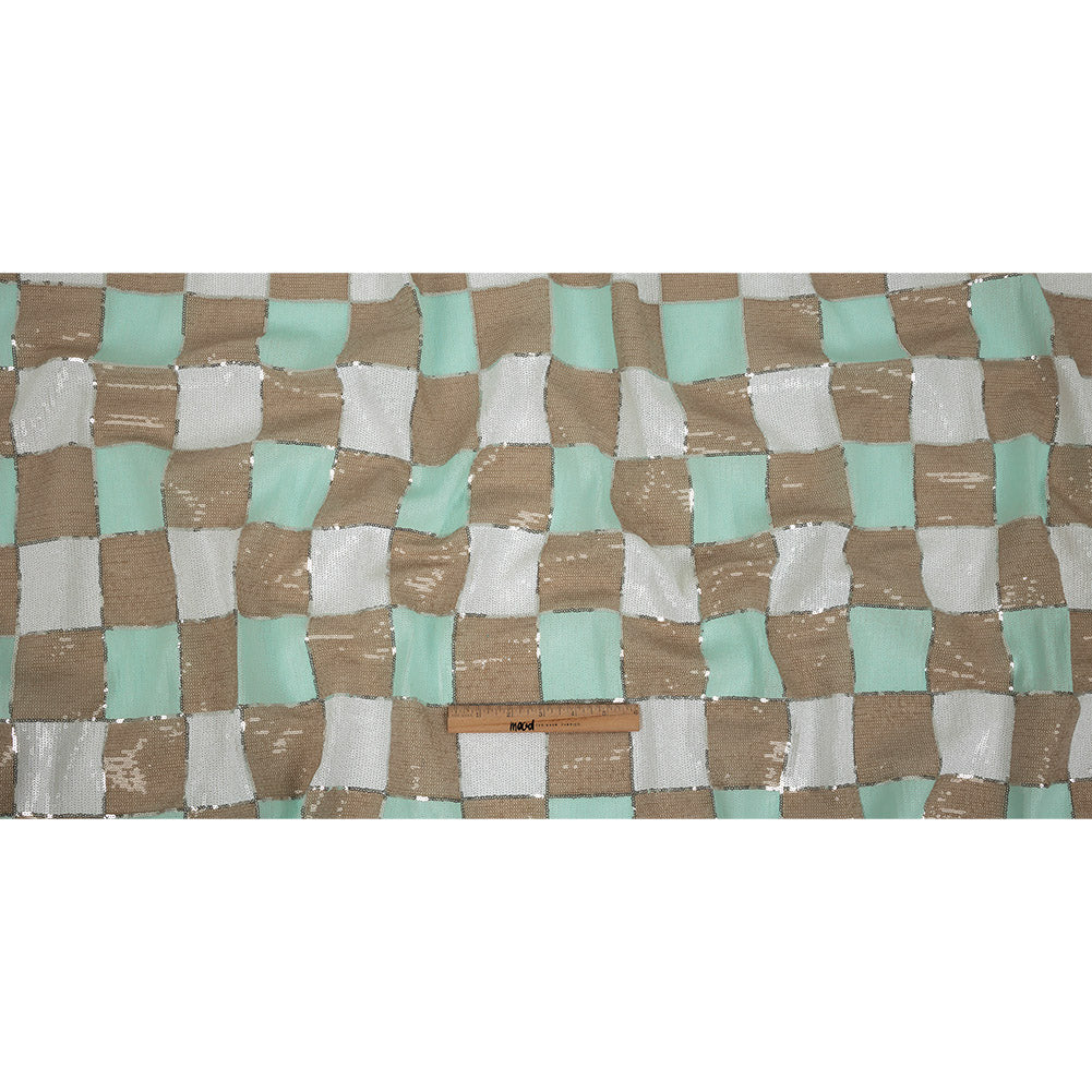 Italian Soothing Sea, Light Taupe and Lucent White Baby Sequin Squares on White Mesh Full Italian Soothing Sea, Light Taupe and Lucent White Baby Sequin Squares on White Mesh Full