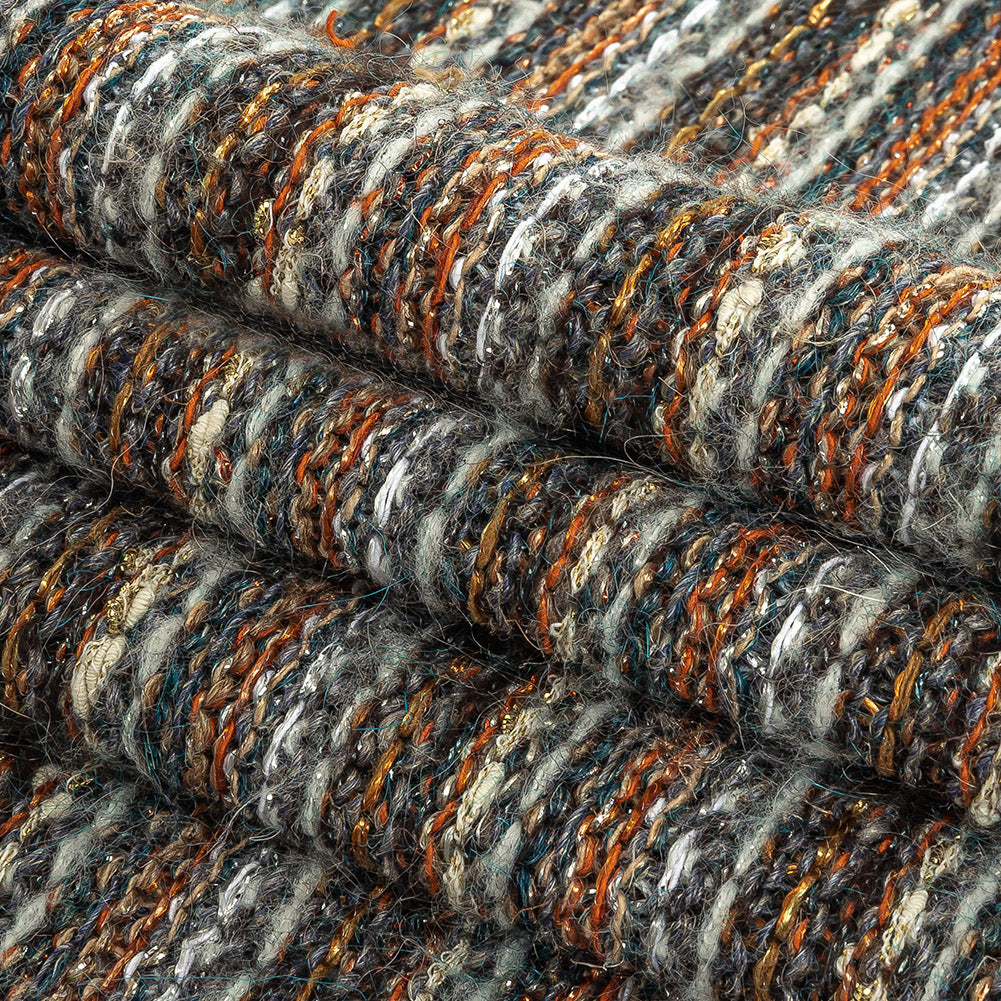 Pumpkin, Slate and Metallic Amber Ale Striped Chunky Cotton and Wool Knit Folded
