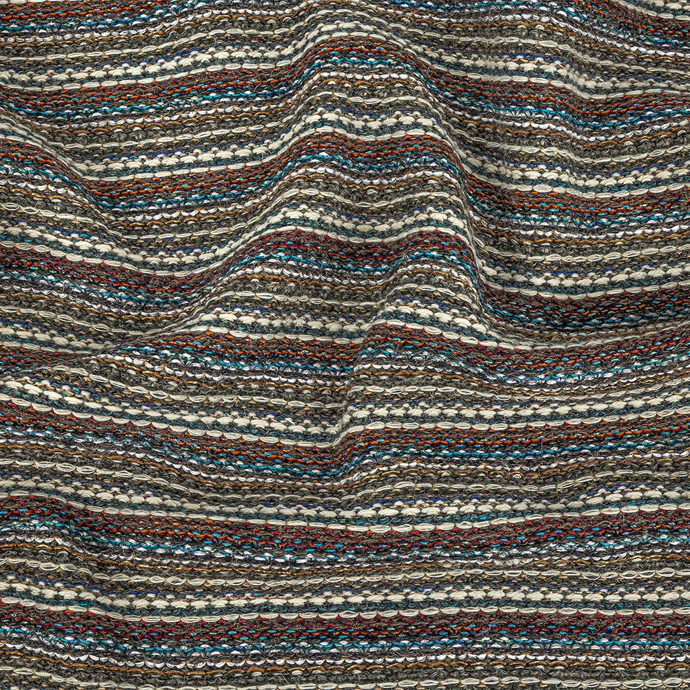 Turquoise, Brick and Metallic Silver Striped Chunky Wool Knit Turquoise, Brick and Metallic Silver Striped Chunky Wool Knit