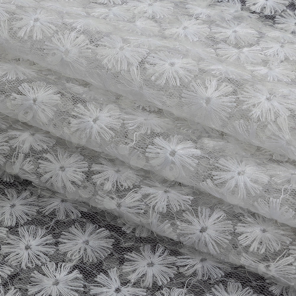 White Daisy Embroidered Netting with Clear Baby Sequins Folded White Daisy Embroidered Netting with Clear Baby Sequins Folded