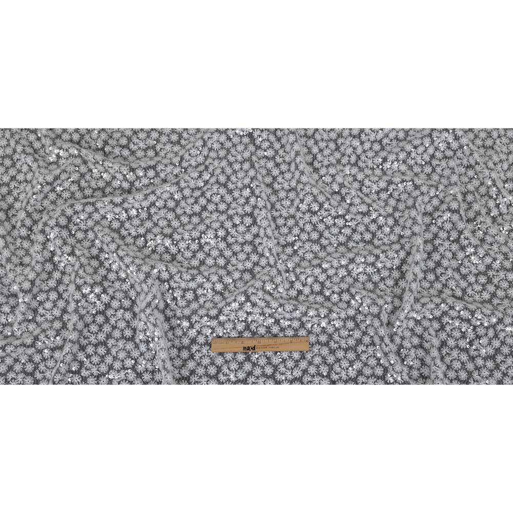 White Daisy Embroidered Netting with Clear Baby Sequins Full White Daisy Embroidered Netting with Clear Baby Sequins Full