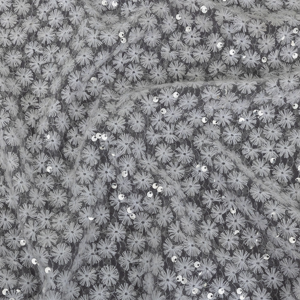 White Daisy Embroidered Netting with Clear Baby Sequins White Daisy Embroidered Netting with Clear Baby Sequins