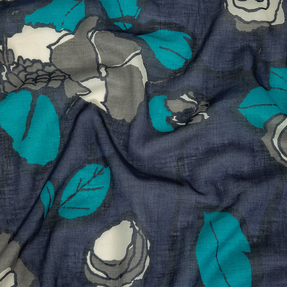 Navy, Gray and Harbor Blue Floral Printed Cotton Voile Navy, Gray and Harbor Blue Floral Printed Cotton Voile
