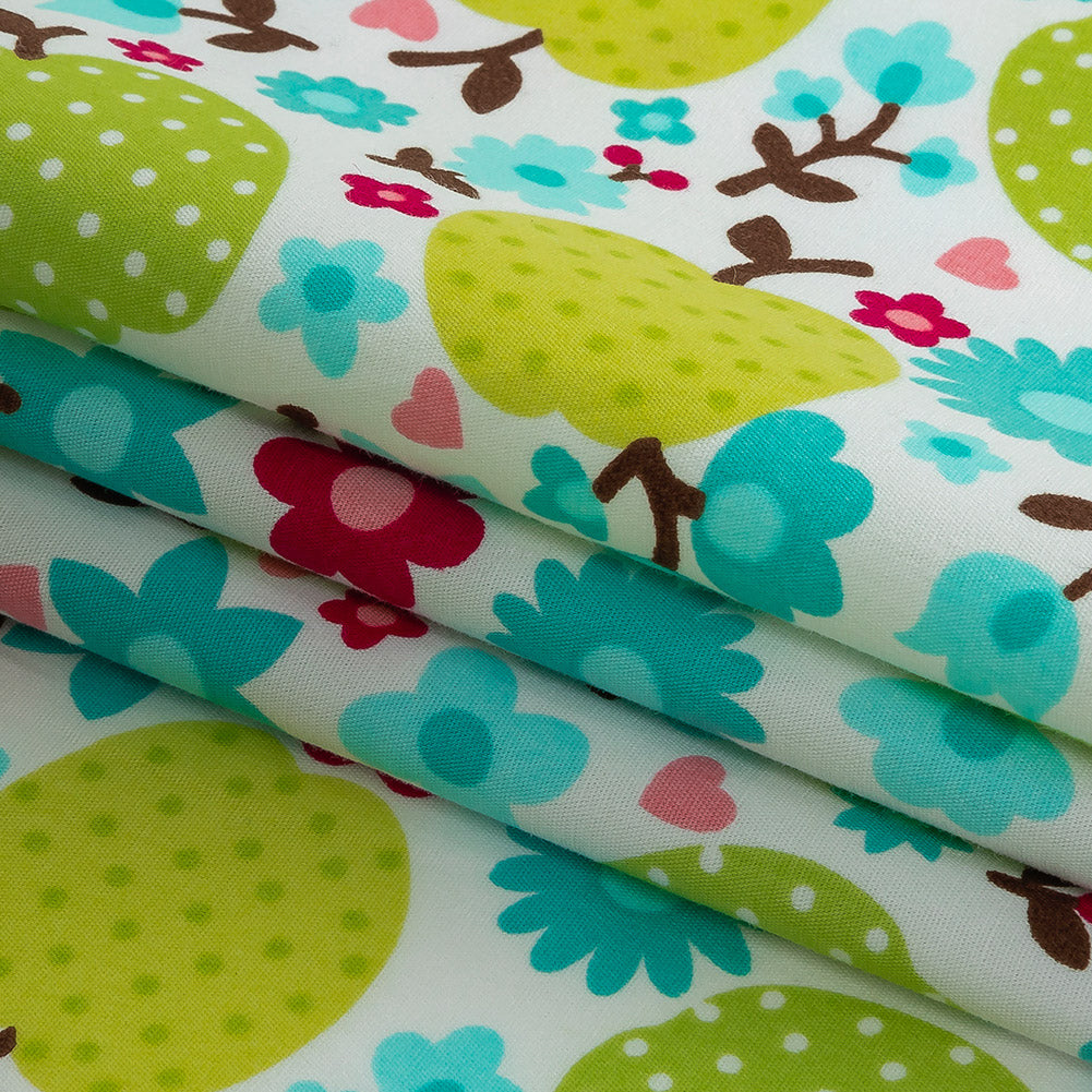 Green Glow Polka-Dotted Apples and Aqua Floral Printed Cotton Poplin Folded Green Glow Polka-Dotted Apples and Aqua Floral Printed Cotton Poplin Folded