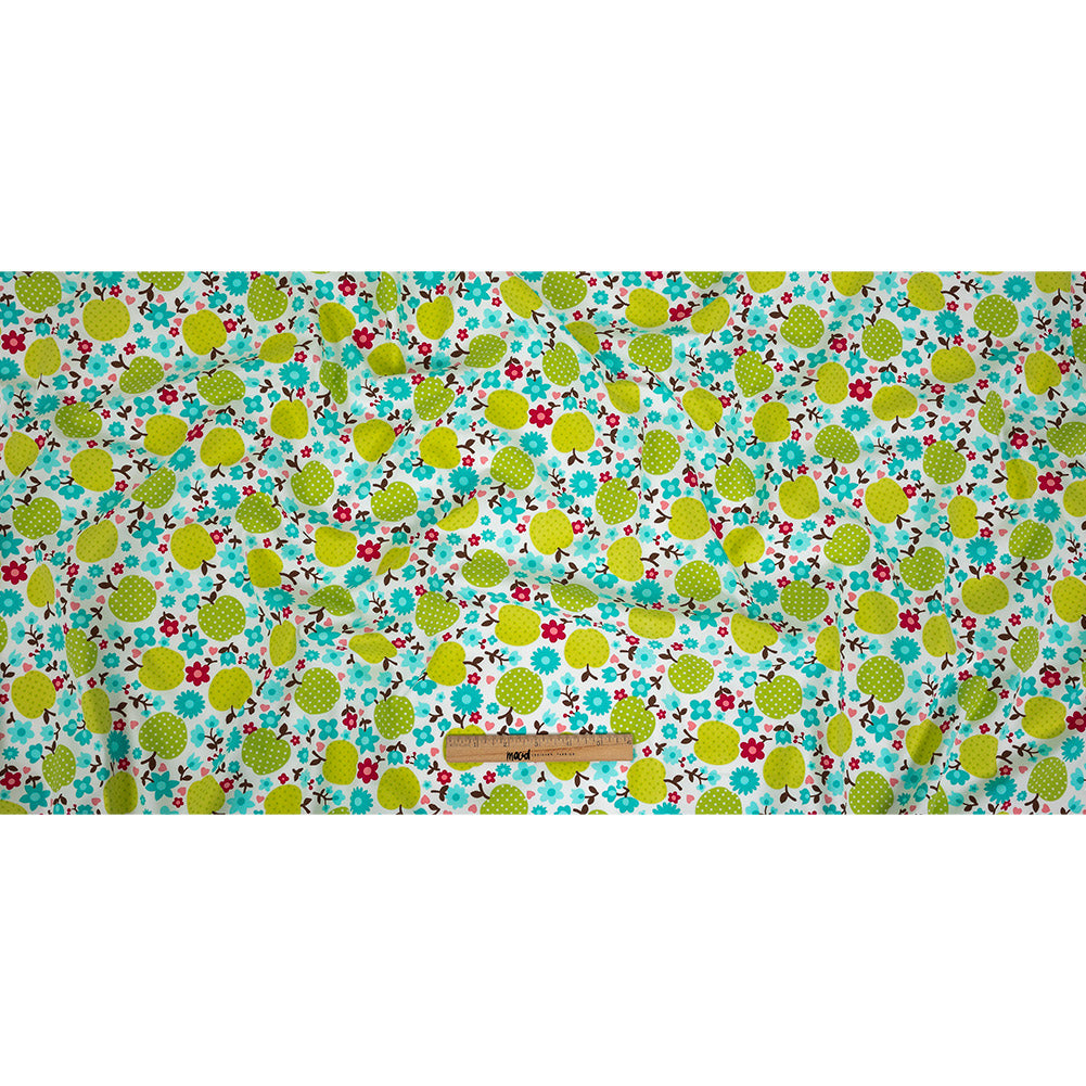 Green Glow Polka-Dotted Apples and Aqua Floral Printed Cotton Poplin Full Green Glow Polka-Dotted Apples and Aqua Floral Printed Cotton Poplin Full