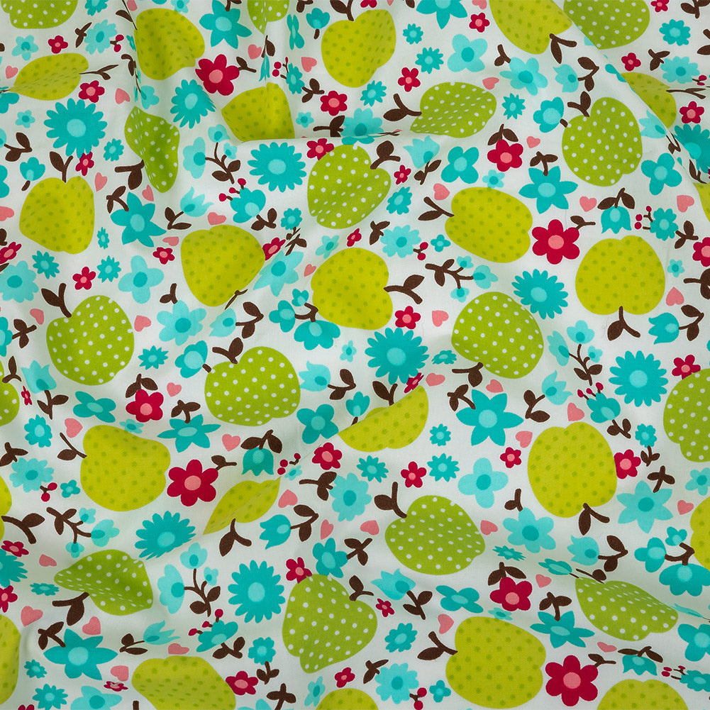 Green Glow Polka-Dotted Apples and Aqua Floral Printed Cotton Poplin Green Glow Polka-Dotted Apples and Aqua Floral Printed Cotton Poplin
