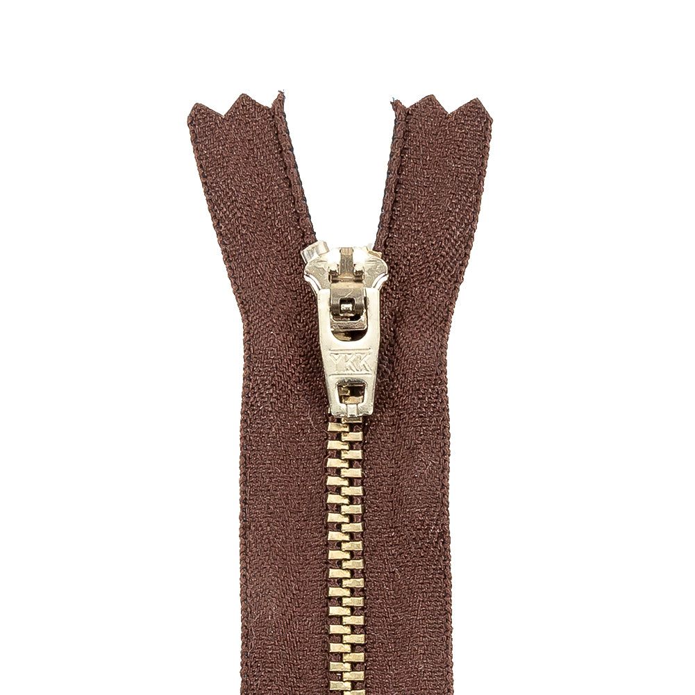 YKK Brown Metal Closed Bottom Zipper with Silver Teeth - 5.5" Detail YKK Brown Metal Closed Bottom Zipper with Silver Teeth - 5.5" Detail