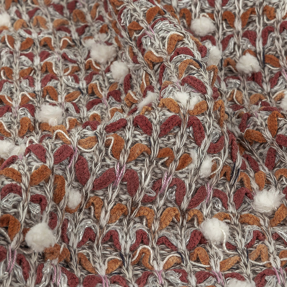 Pumpkin, Maroon and Silver Stretch Sweater Knit with Mini Sugar Swizzle Poms Detail Pumpkin, Maroon and Silver Stretch Sweater Knit with Mini Sugar Swizzle Poms Detail