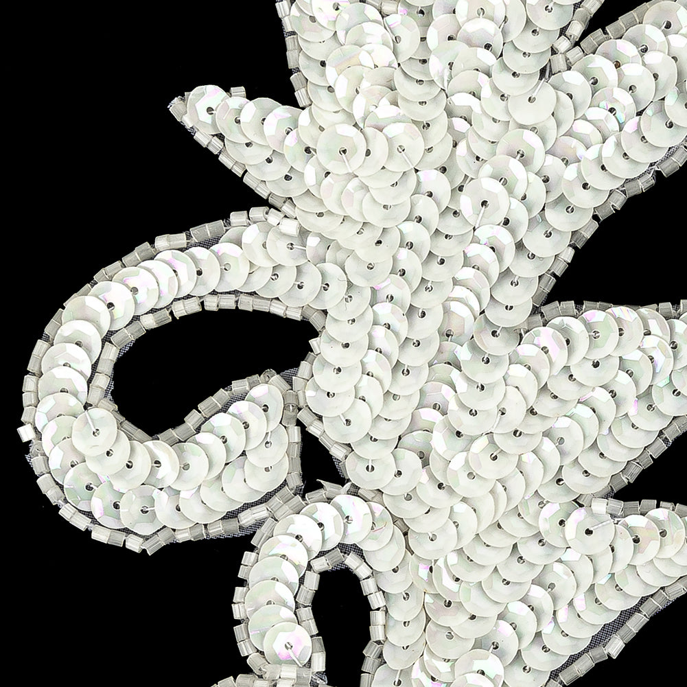 Vintage Opaque White Iris Sequins and Translucent Beaded Foilage Applique - 7.75" x 3.75" Detail Vintage Opaque White Iris Sequins and Translucent Beaded Foilage Applique - 7.75" x 3.75" Detail