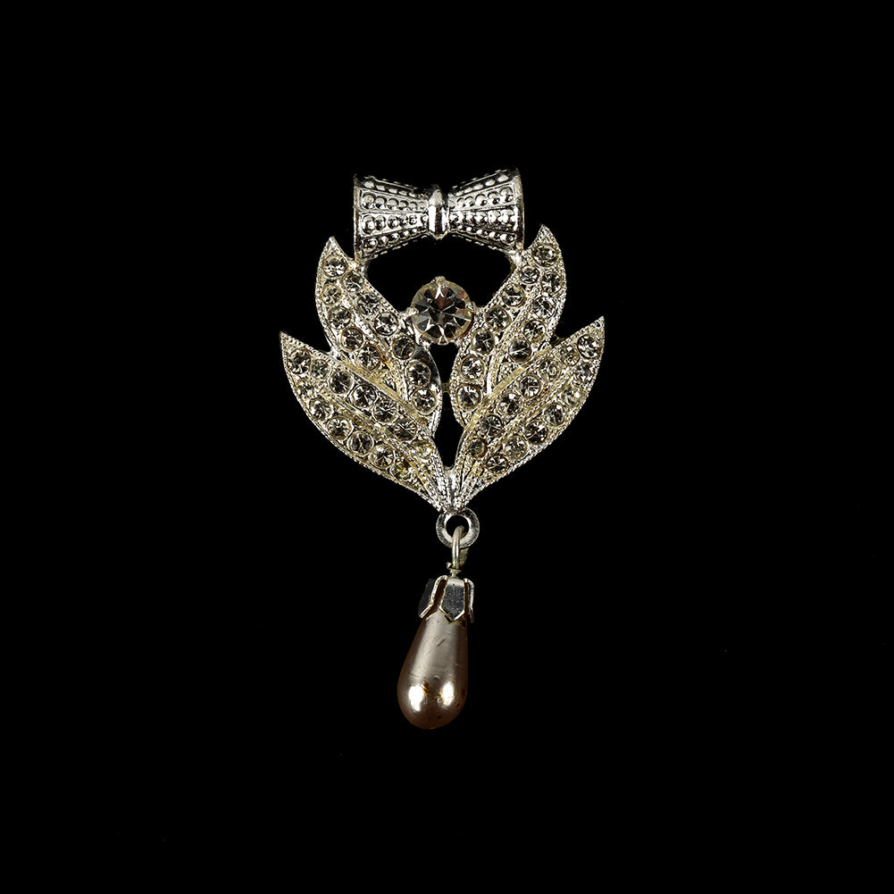 Vintage Crystal Rhinestones and Silver Metal Pearl Drop Classical Ornament with Bow - 1.625" x 1" Vintage Crystal Rhinestones and Silver Metal Pearl Drop Classical Ornament with Bow - 1.625" x 1"
