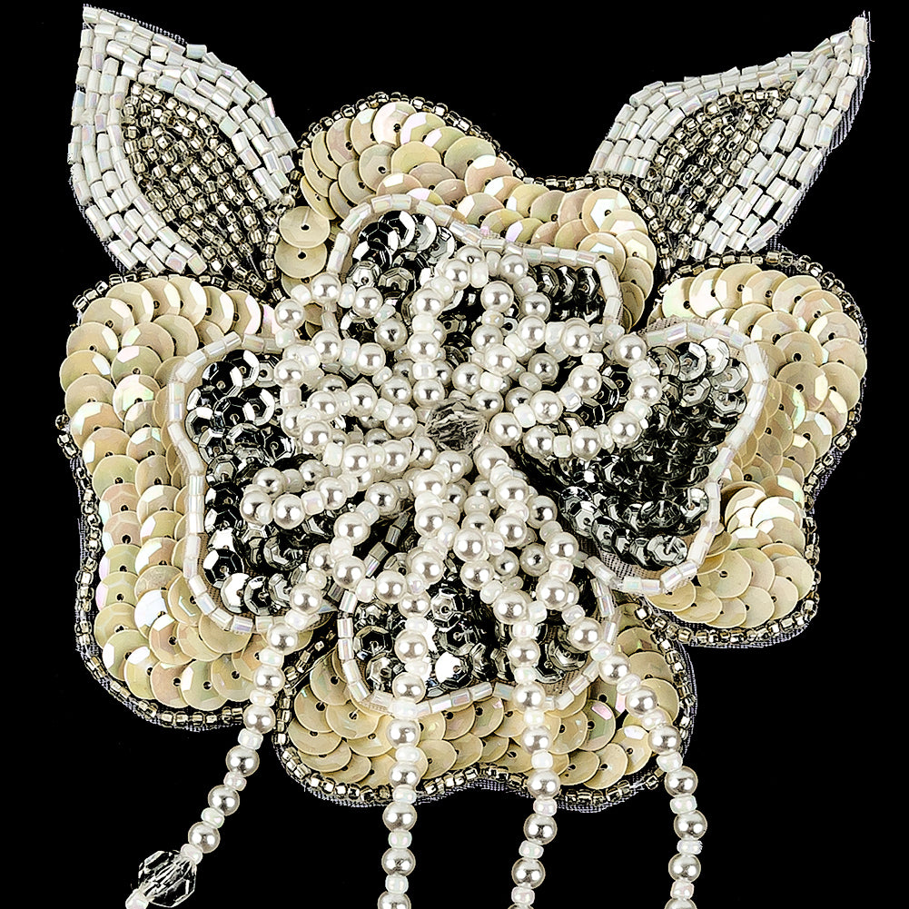 Vintage Golden Iris and Pearl, Silver Sequins and Beaded 3D Floral Applique with Crystal Bead Center - 6.625" x 4.25" Detail Vintage Golden Iris and Pearl, Silver Sequins and Beaded 3D Floral Applique with Crystal Bead Center - 6.625" x 4.25" Detail