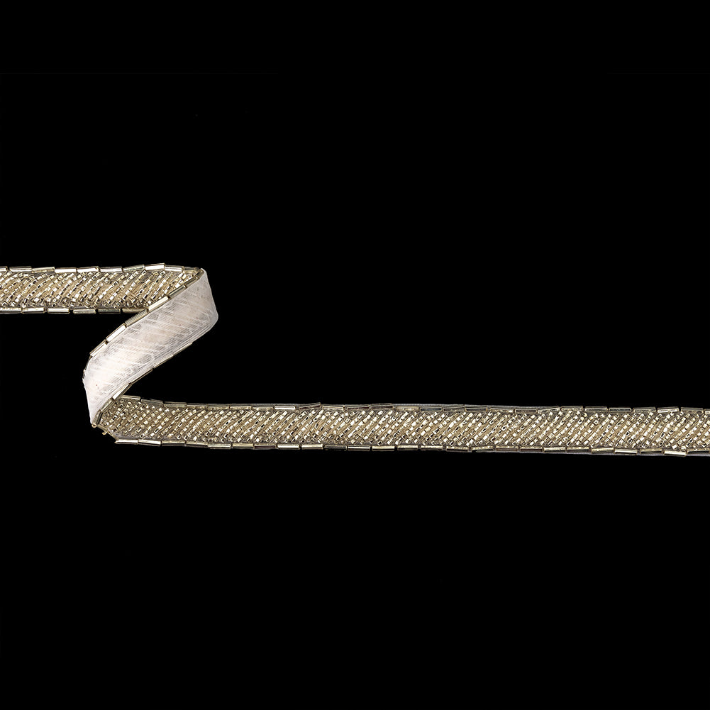 Vintage Fancy Off-White and Silver Bugle Beaded Trim - 0.625" Vintage Fancy Off-White and Silver Bugle Beaded Trim - 0.625"