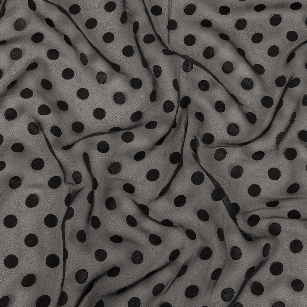 Famous Australian Designer Black Polyester Chiffon with Satin Burnout Polka Dots Famous Australian Designer Black Polyester Chiffon with Satin Burnout Polka Dots