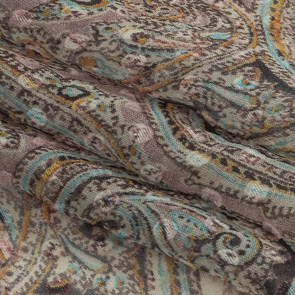 Famous Australian Designer Lotus, Gamboge and Baby Blue Paisley Printed Silk Georgette with Satin Polka Dots Detail Famous Australian Designer Lotus, Gamboge and Baby Blue Paisley Printed Silk Georgette with Satin Polka Dots Detail