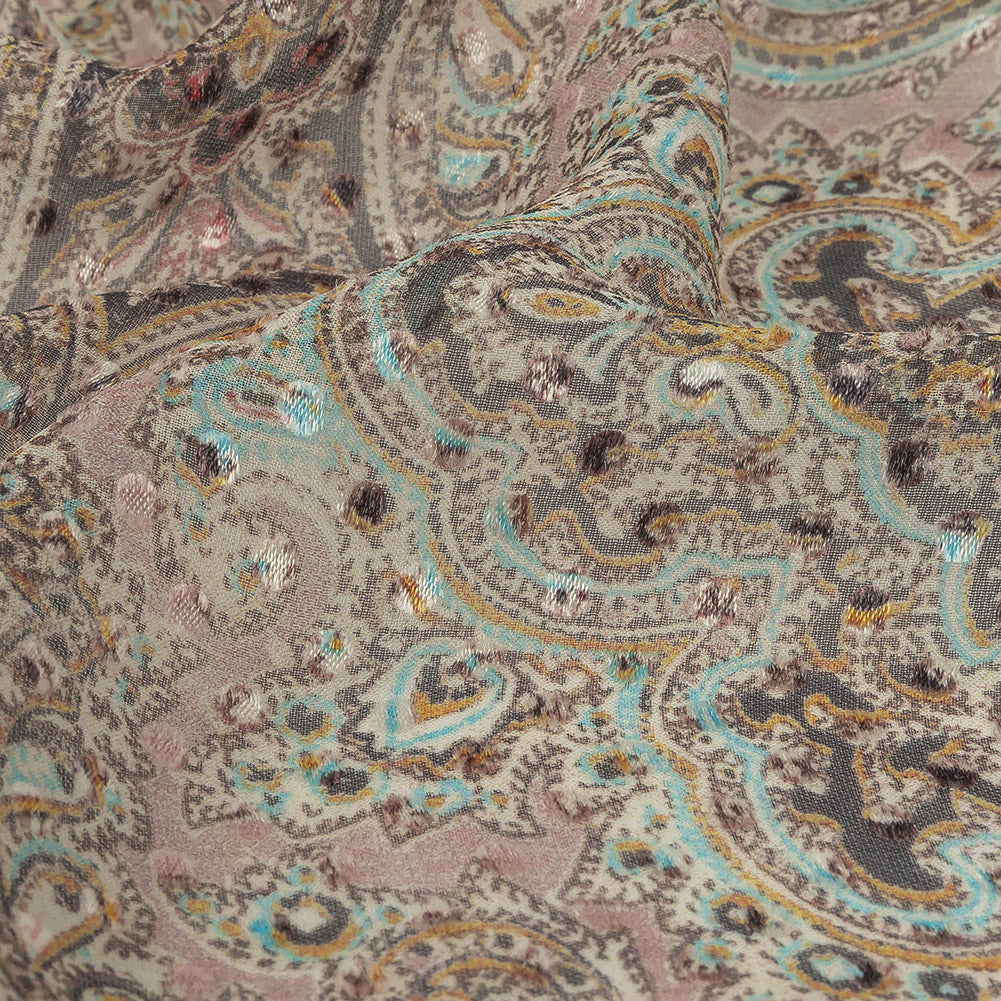 Famous Australian Designer Lotus, Gamboge and Baby Blue Paisley Printed Silk Georgette with Satin Polka Dots Full Famous Australian Designer Lotus, Gamboge and Baby Blue Paisley Printed Silk Georgette with Satin Polka Dots Full