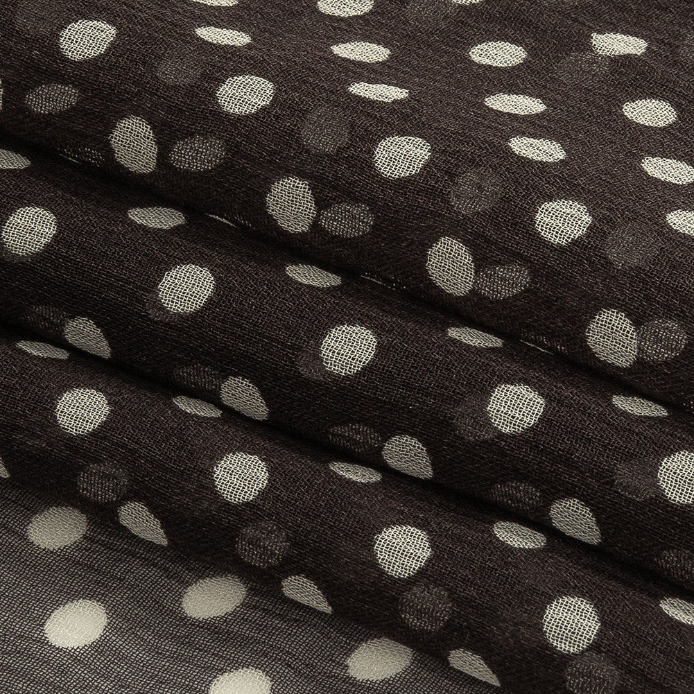 Famous Australian Designer Charcoal and Cannoli Cream Polka Dotted Crinkled Silk Chiffon Folded Famous Australian Designer Charcoal and Cannoli Cream Polka Dotted Crinkled Silk Chiffon Folded