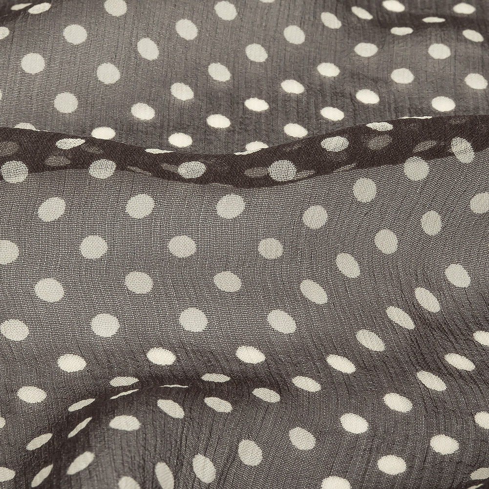 Famous Australian Designer Charcoal and Cannoli Cream Polka Dotted Crinkled Silk Chiffon Detail Famous Australian Designer Charcoal and Cannoli Cream Polka Dotted Crinkled Silk Chiffon Detail