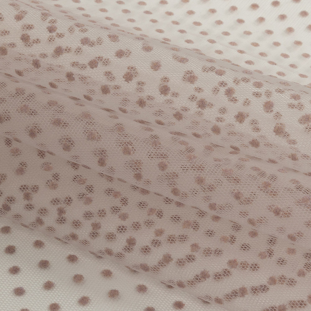 Famous Australian Designer Rustic Lilac Flocked Dots Polyester Mesh Folded Famous Australian Designer Rustic Lilac Flocked Dots Polyester Mesh Folded