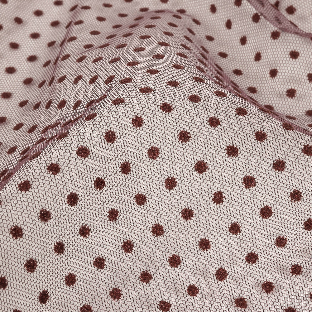 Famous Australian Designer Mahogany Flocked Dots Polyester Mesh Detail Famous Australian Designer Mahogany Flocked Dots Polyester Mesh Detail