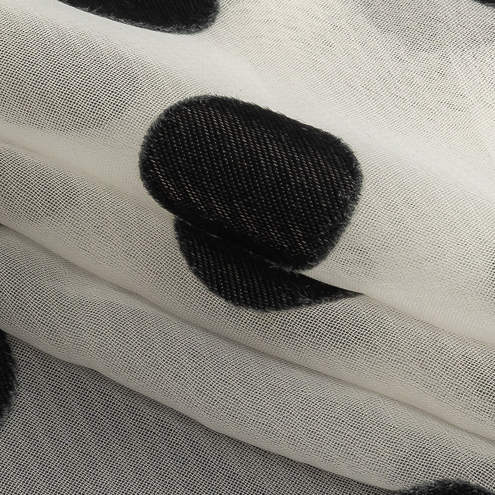 Famous Australian Designer Cloud Dancer White Polyester Chiffon with Large Black Woven Polka Dots Folded Famous Australian Designer Cloud Dancer White Polyester Chiffon with Large Black Woven Polka Dots Folded