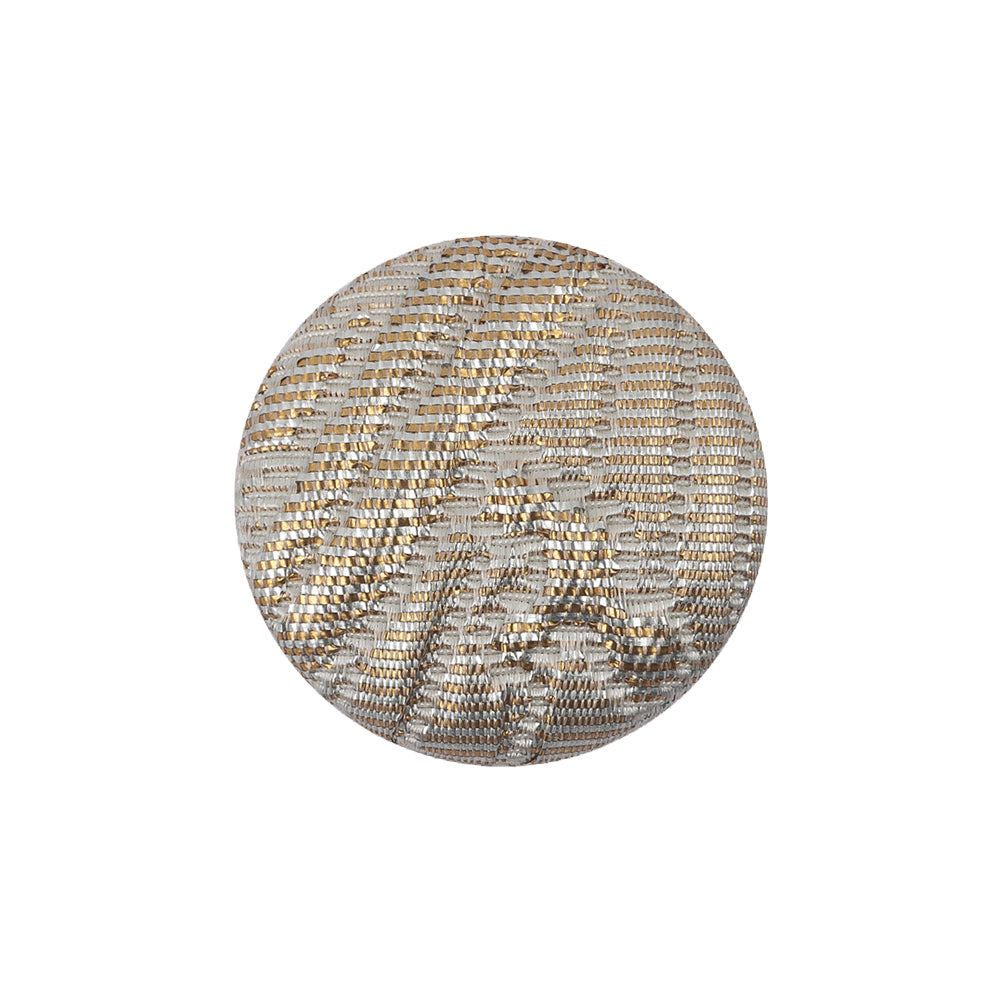 Golden Egg Lurex, Rainy Day and White Abstract Brocade Fabric Covered Shank Back Button - 36L/23mm Golden Egg Lurex, Rainy Day and White Abstract Brocade Fabric Covered Shank Back Button - 36L/23mm
