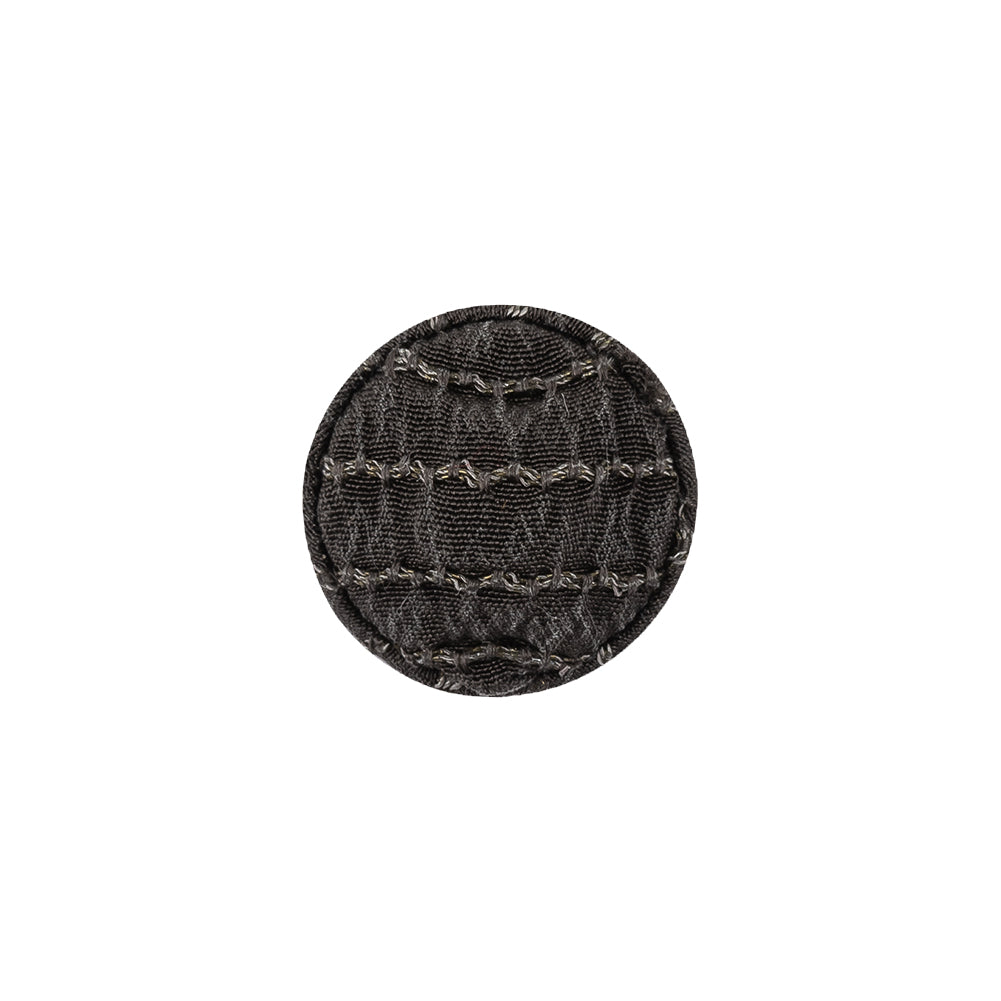 Gray and Chrome Lurex Striated Satin Fabric Covered Silk and Metal Sew On Button - 24L/15mm Detail Gray and Chrome Lurex Striated Satin Fabric Covered Silk and Metal Sew On Button - 24L/15mm Detail