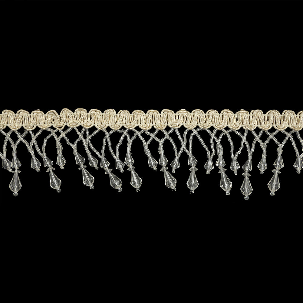 Vintage Crystal Fancy Beaded Fringe on Ivory Braid - 2.25" Vintage Crystal Fancy Beaded Fringe on Ivory Braid - 2.25"