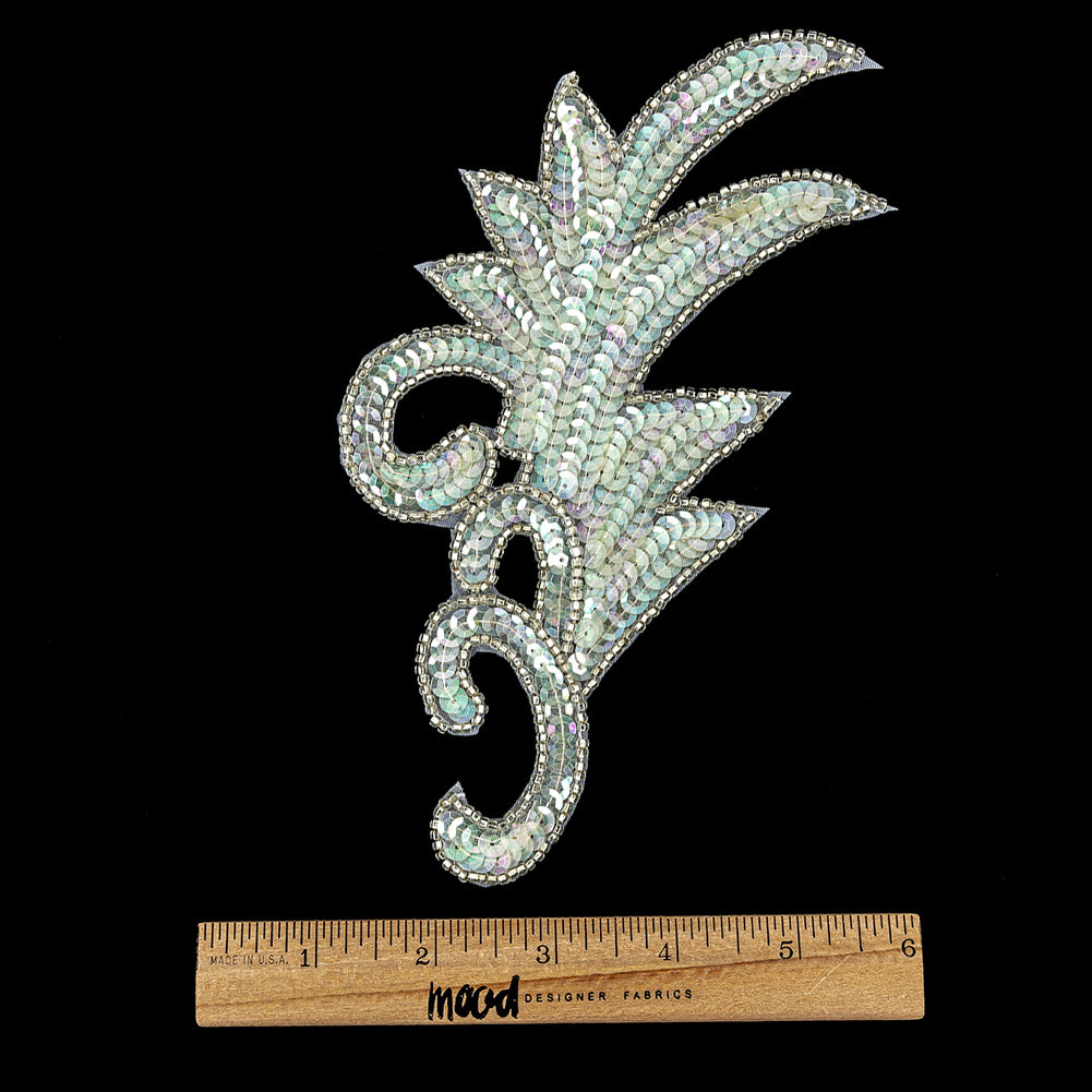 Vintage Translucent Green Iris Sequins and Silver-lined Beaded Foilage Applique - 7.75" x 3.75" Full Vintage Translucent Green Iris Sequins and Silver-lined Beaded Foilage Applique - 7.75" x 3.75" Full