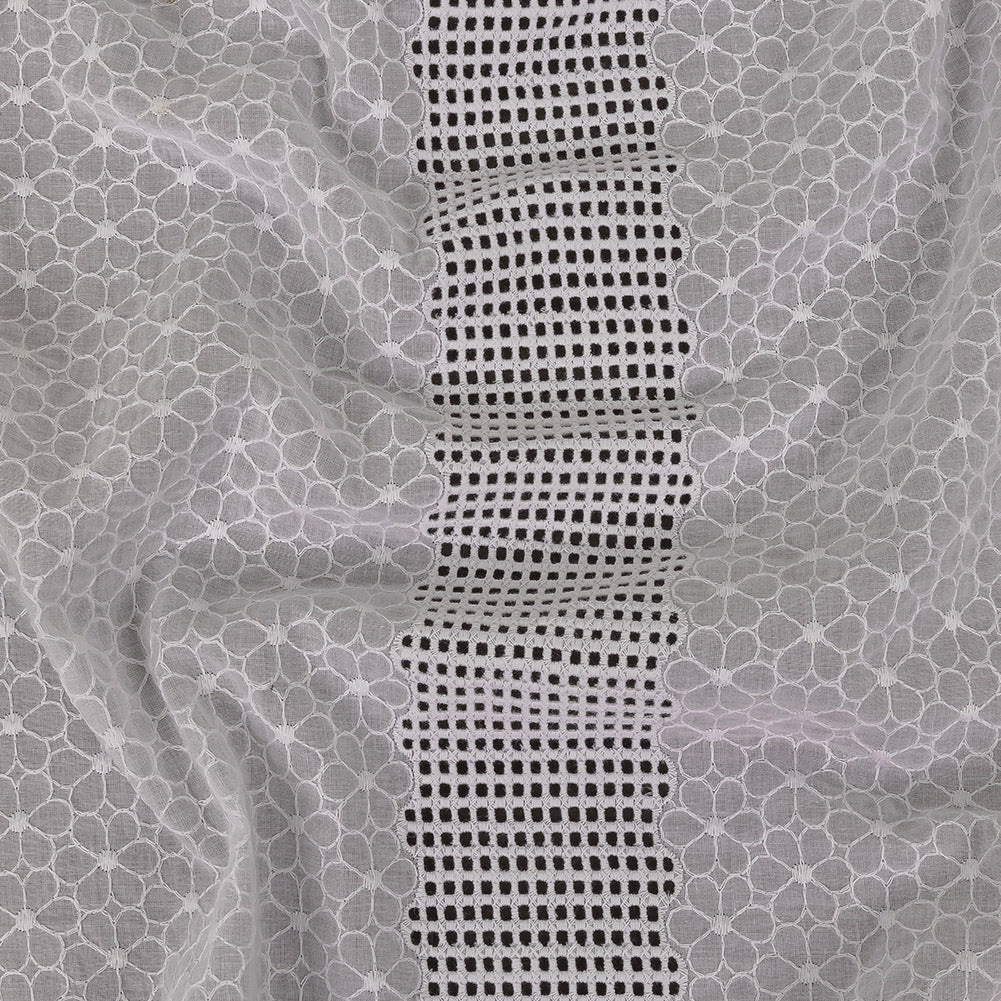White Floral Embroidered Cotton Voile with Gridded Guipure Lace Stripes White Floral Embroidered Cotton Voile with Gridded Guipure Lace Stripes
