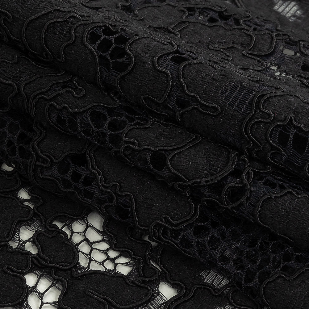 Floral Corded Lace with Scalloped Eyelash Edges by Oscar de la Renta - Black Folded Floral Corded Lace with Scalloped Eyelash Edges by Oscar de la Renta - Black Folded