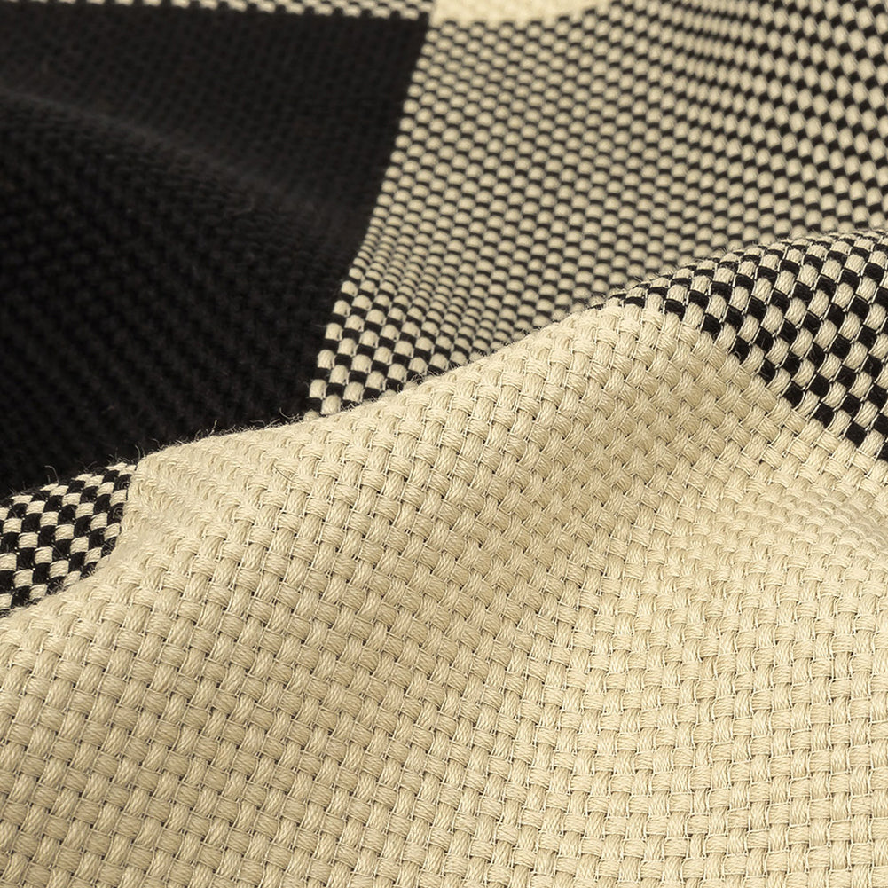 Italian Large-Scale Black and White Asparagus Buffalo Check Cotton Basketweave Detail Italian Large-Scale Black and White Asparagus Buffalo Check Cotton Basketweave Detail