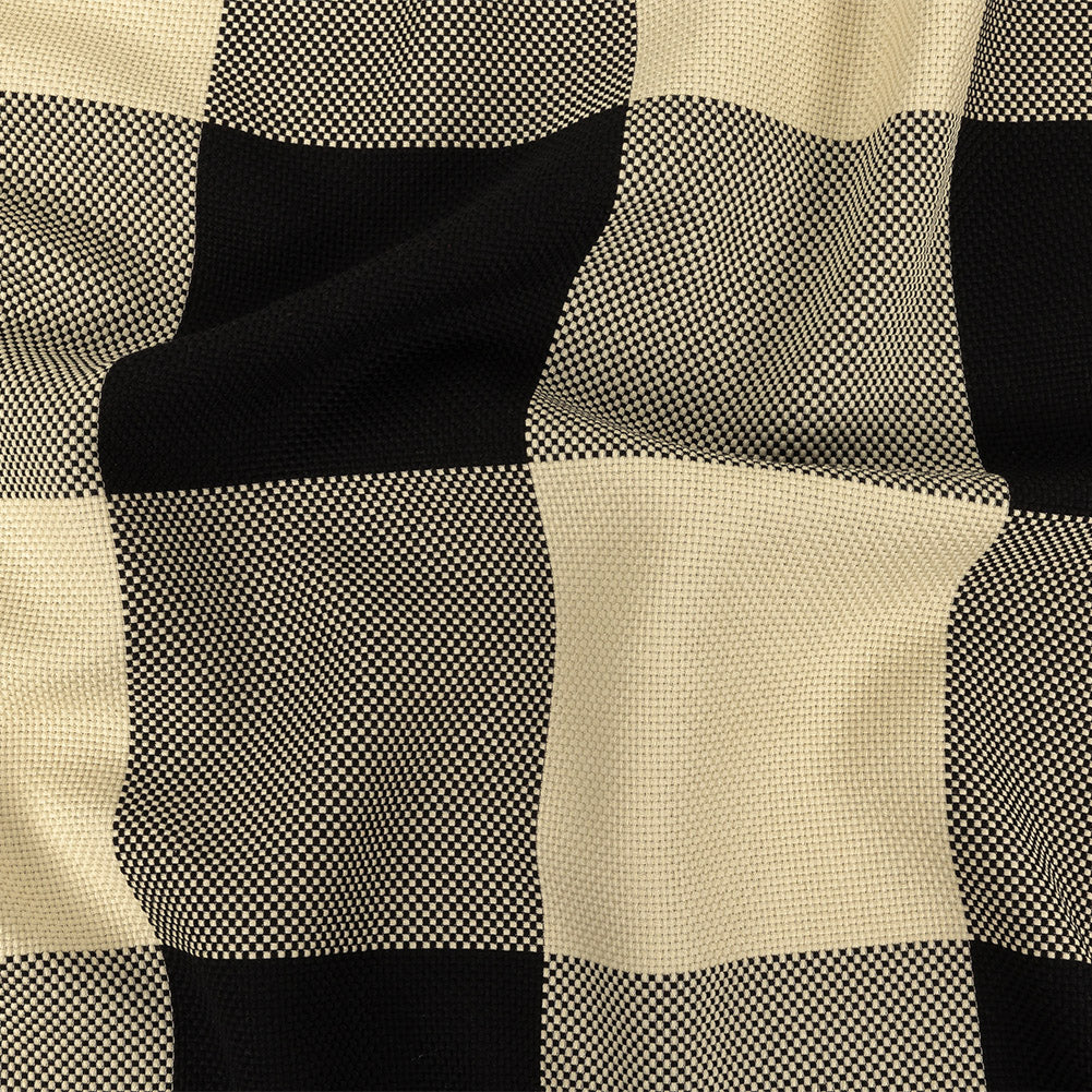 Italian Large-Scale Black and White Asparagus Buffalo Check Cotton Basketweave Italian Large-Scale Black and White Asparagus Buffalo Check Cotton Basketweave