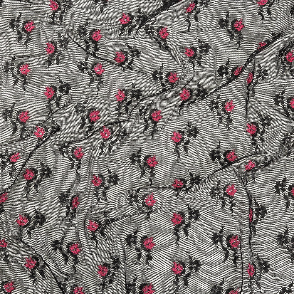 Black Stretch Mesh with Pink Embroidered Roses Black Stretch Mesh with Pink Embroidered Roses