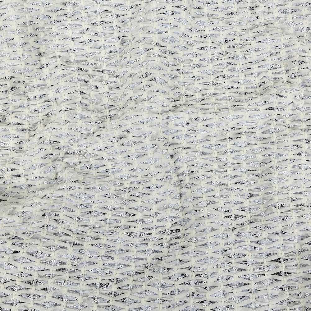White Stretch Sequinned Floral Lace with Chevron Ribbon Detailing White Stretch Sequinned Floral Lace with Chevron Ribbon Detailing
