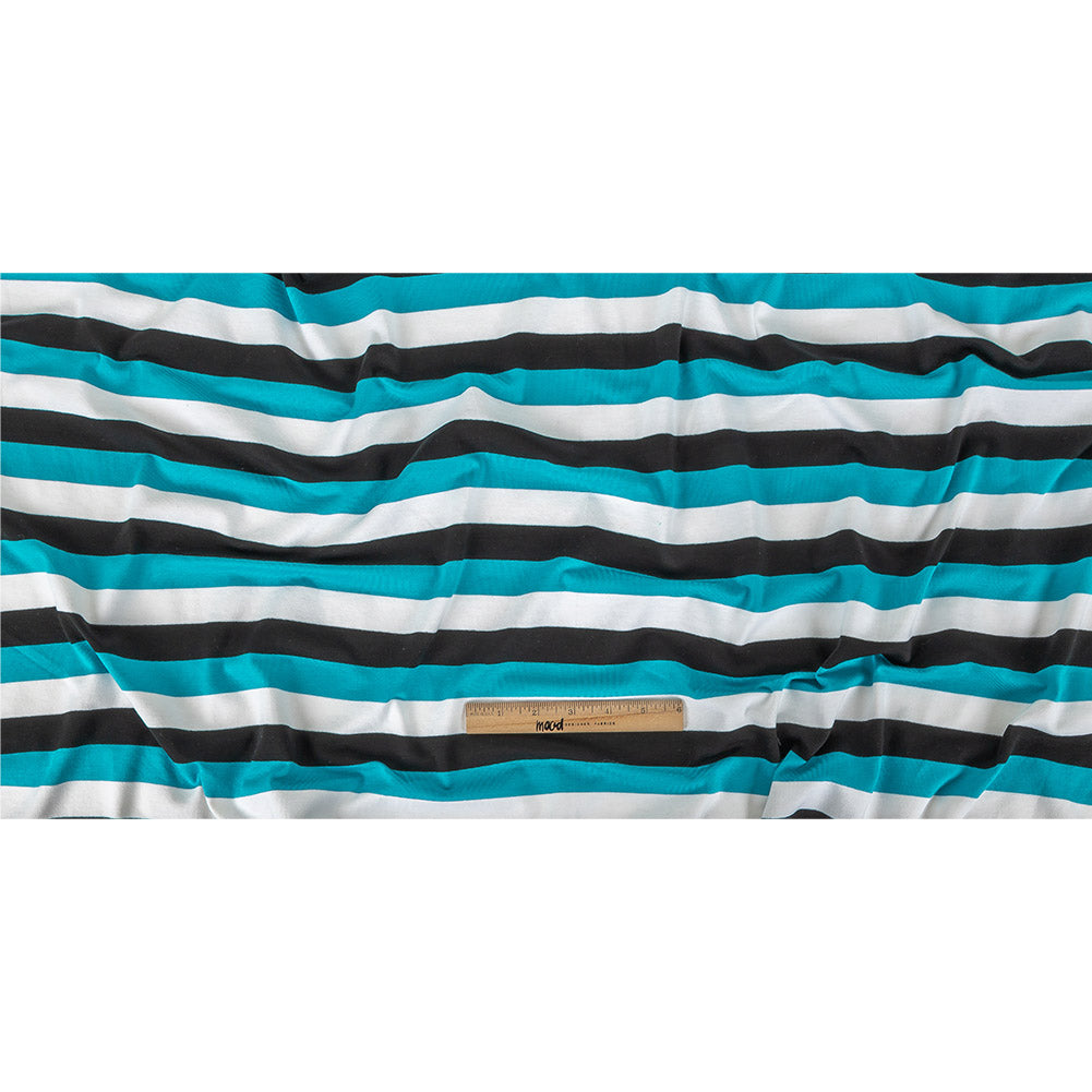 Turquoise, Black and White Awning Stripes Stretch Polyester Jersey Folded Turquoise, Black and White Awning Stripes Stretch Polyester Jersey Folded