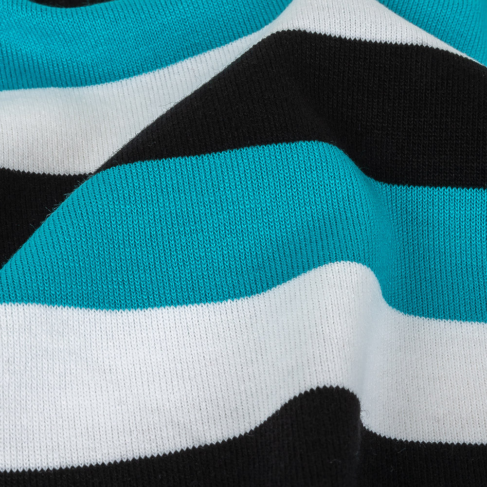 Turquoise, Black and White Awning Stripes Stretch Polyester Jersey Full Turquoise, Black and White Awning Stripes Stretch Polyester Jersey Full