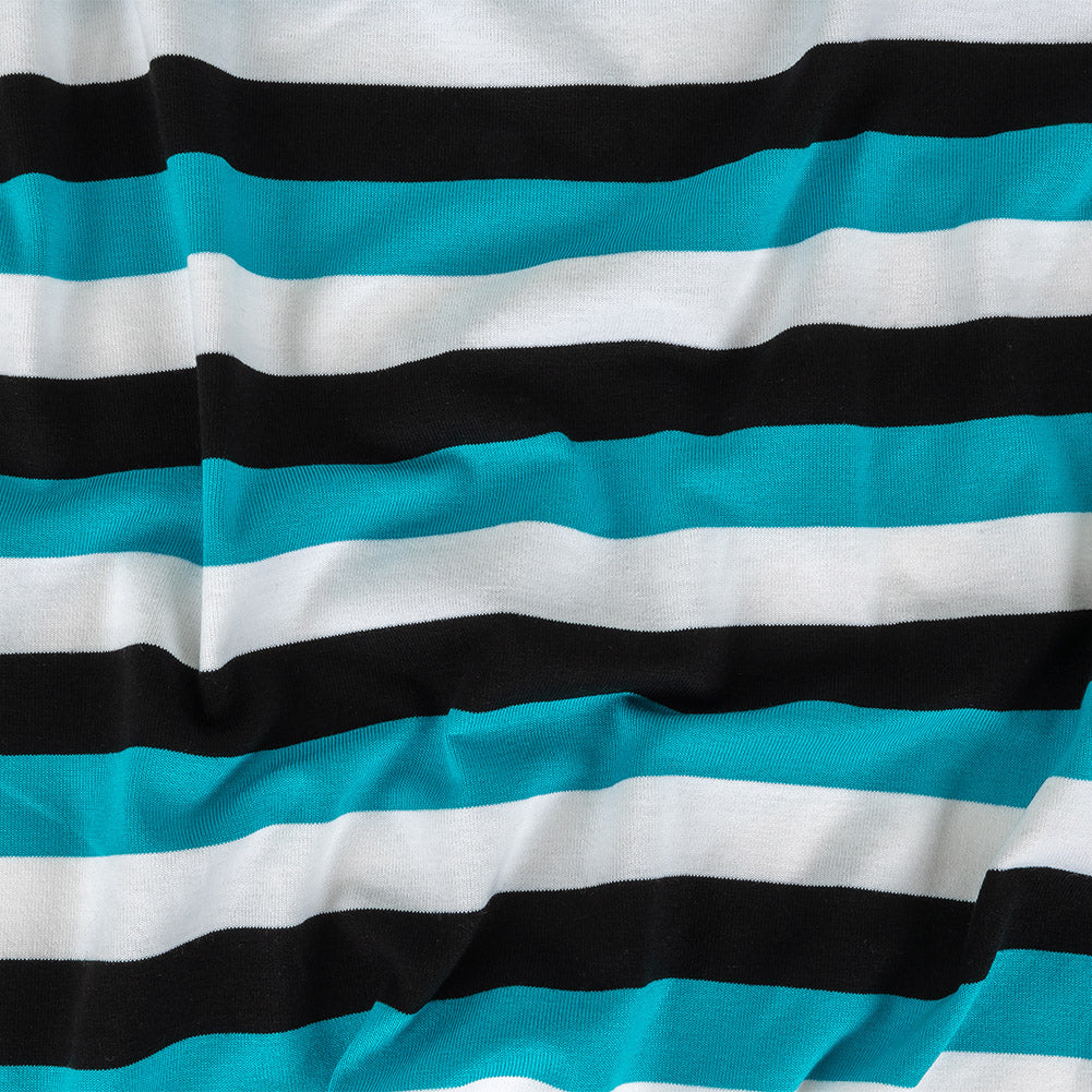 Turquoise, Black and White Awning Stripes Stretch Polyester Jersey Turquoise, Black and White Awning Stripes Stretch Polyester Jersey