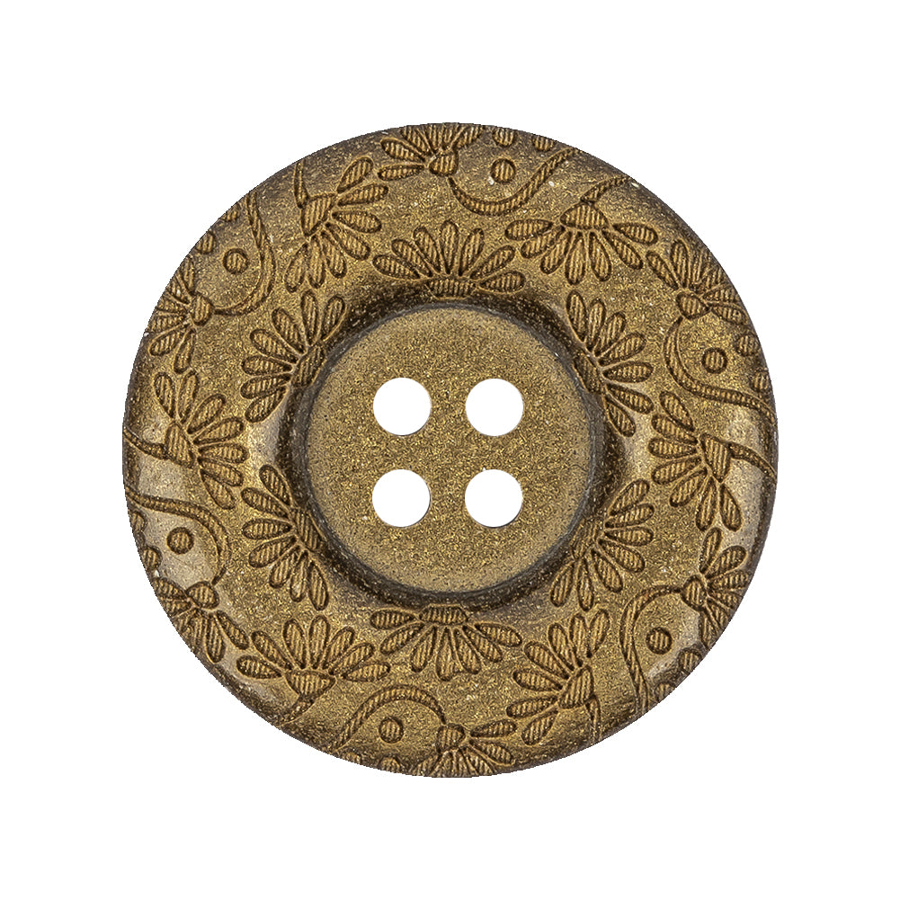 Gold Floral Iridescent Rolled Rim 4-Hole Nylon Button - 44L/28mm Gold Floral Iridescent Rolled Rim 4-Hole Nylon Button - 44L/28mm